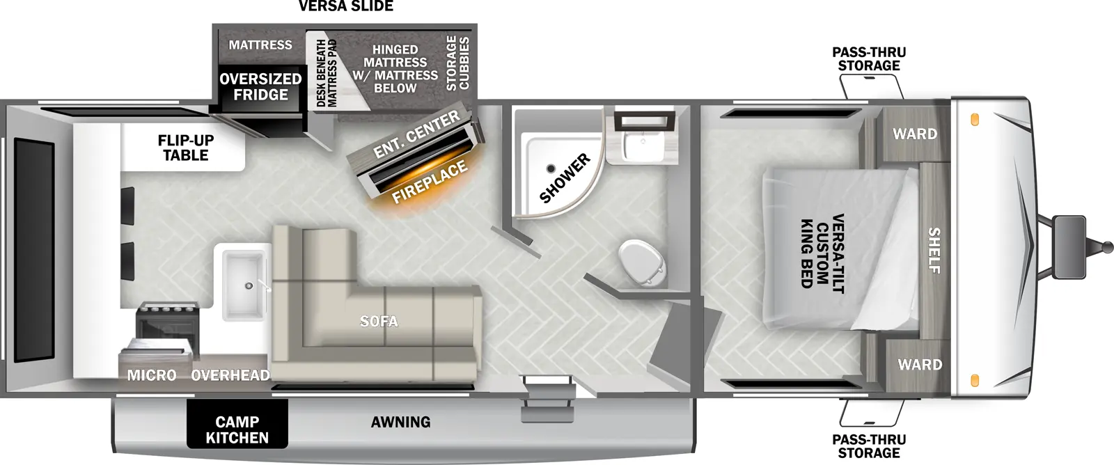 The Wildwood T24VIEW floorplan has one slideout and one entry. Exterior features pass-thru storage, awning, and exterior camp kitchen. Interior layout front to back: versa-tilt custom king bed with overhead shelf and wardrobes on each side; off-door side full bathroom, door side entry, and l-shaped sofa; off-door side versa slideout features a hinged mattress with mattress below, storage cubbies, desk beneath mattress pad behind an entertainment center with fireplace, and oversized refrigerator; rear kitchen with peninsula kitchen counter that wraps all around the from door-side around the back to the off-door side with sink, overhead cabinet, microwave, cooktop, seating, and flip-up table.